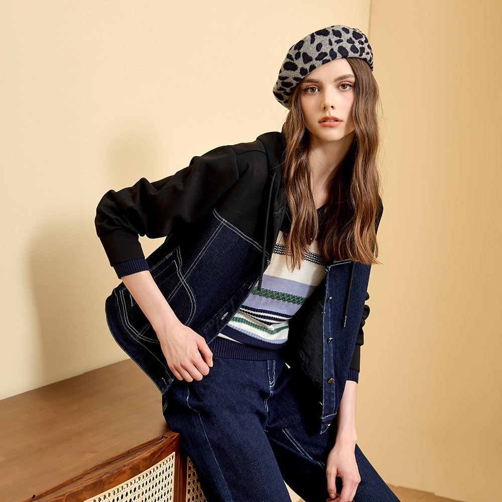 ILEY伊蕾 拼接連帽抽繩牛仔外套(藍；M-2L)