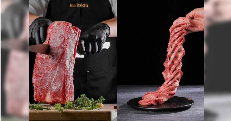 柏克金燒肉屋於桌邊現切的「美國帶骨牛小排」需提前3天預訂（左，3,200元／支），另限量供應「澳洲穀飼牛舌一本切」。（1,580元，圖／金車柏克金提供）