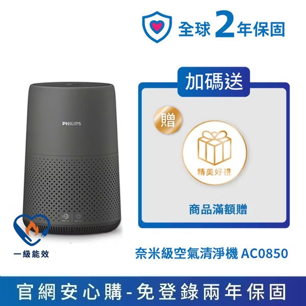 限時38折 送濾網飛利浦抗敏奈米級空氣清淨機-質感霧黑(AC0850/81)-適用9坪