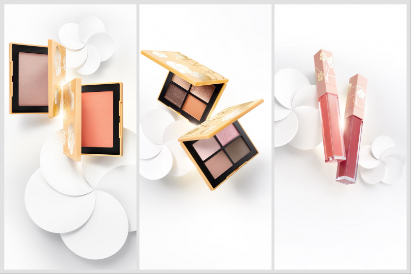 NARS 4色眼彩盤妝點花漾版1.1g×4 / 2,000元、NARS炫色腮紅妝點花漾版4.8g / 1,450元、NARS激情過後嫩唇露妝點花漾版8.5ml / 1,100元。（圖／品牌提供）