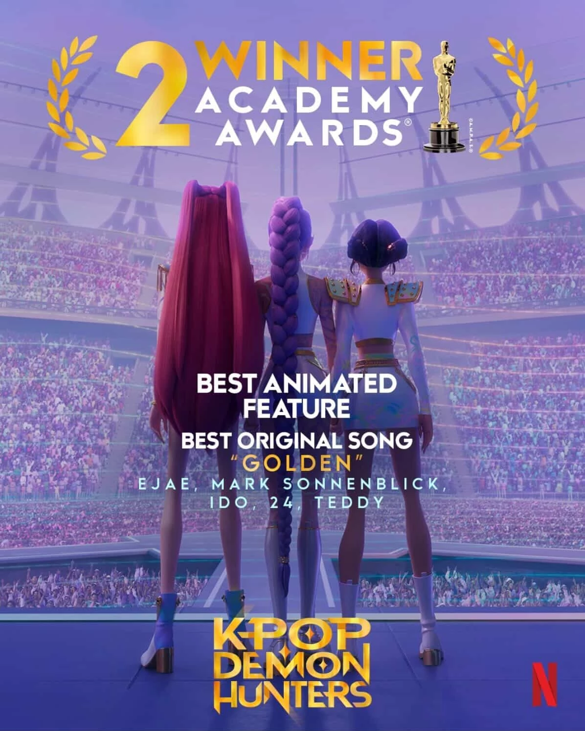 最終《K-pop 獵魔女團》不負眾望，一連拿下「最佳動畫」與「最佳歌曲」兩項大獎，導演兼編劇瑪姬姜在領獎時激動表示：「對於那些長得像我一樣的人們，我很抱歉，我們等了這麼久，才終於在這樣的電影裡看到自己的身影。但這部片終於誕生了，這代表下一代不必再陷入那樣的渴望。」