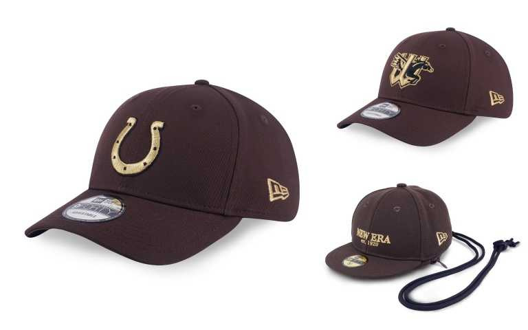New Era 940 YEAR OF THE HORSE帽子印第安納波利斯小馬核桃/1,380元。New Era 940 YEAR OF THE HORSE 威奇塔暴風潮 核桃 /1,380元、New Era帽扣袋YEAR OF THE HORSE核桃/1,380元。（圖／品牌提供）​