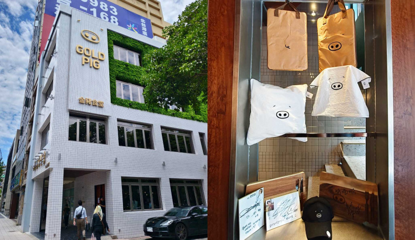 金豬食堂海外首店落腳台北中山區（左），入店還可見俏皮周邊商品與之前搶先入店的Super Junior成員利特、銀赫的簽名。（圖／魏妤靜攝）