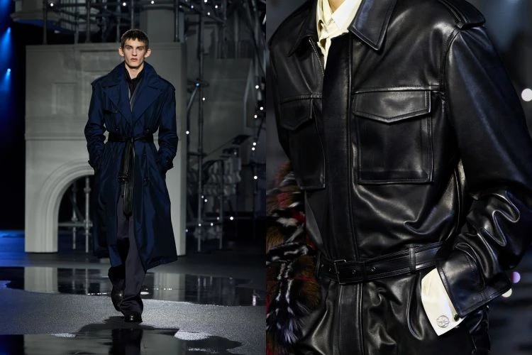 男裝的變化尤其明顯。經典輪廓被刻意錯置，大衣不再端著架子，燕尾服也少了拘謹，多了一點年輕人夜裡要出門的隨性，連帽衫與皮革混搭出一種英倫街頭的性感張力。