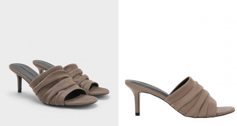 CHARLES & KEITH灰褐色皺摺細跟拖鞋／1,990元（圖／品牌提供）