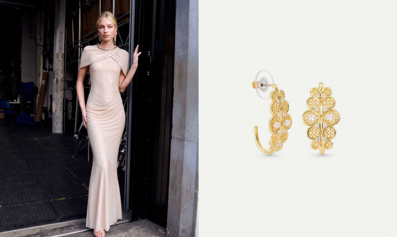 self-portrait Champagne Rhinestone Maxi Dress，Les Néréides 愛樂而生-花絲皇冠耳環（圖／品牌提供）