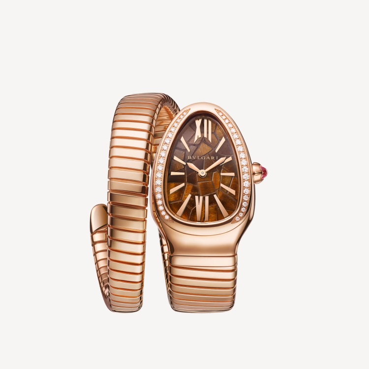 Serpenti Tubogas 腕錶安藤忠雄限量特別版，單螺旋設計，18K玫瑰金材質，錶圈飾以密鑲鑽石，虎眼石錶盤，價格 NTD 1,419,000。