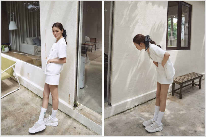 這款白色短裙穿搭也絕美無敵！尤其是高筒襪一上身線條好長阿！LOVFEE × LURE HS 白色套裝、HOKA 運動鞋。（圖／許路兒 ig）