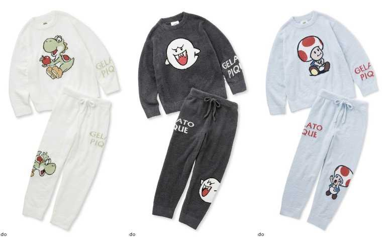 SUPER MARIO【LADY、MEN】BABY MOCO 角色提花上衣＆長褲套裝4700元、5000元。(顏色：OWHT/BLU/BEG/DGRY)（圖／品牌提供）