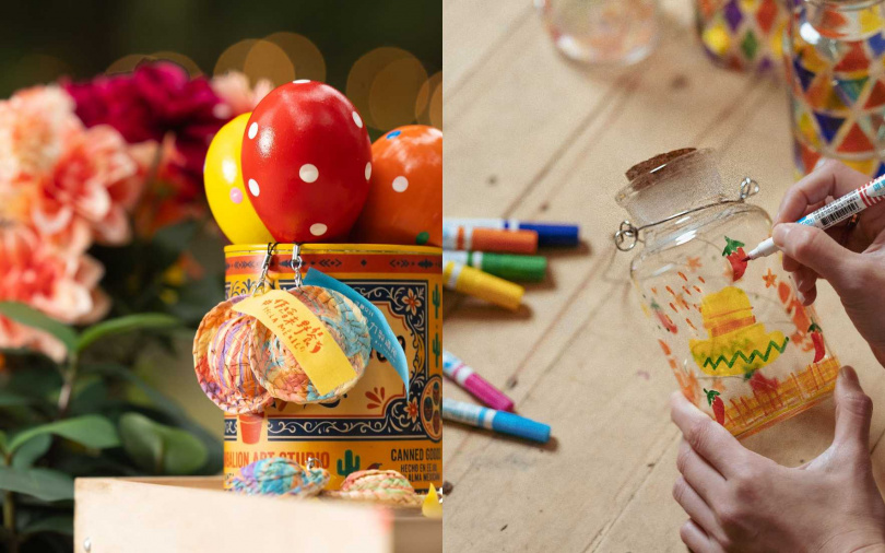 「沙沙搖小草帽」色彩體驗將創作與遊戲結合，透過搖動沙鈴與旋轉調色，讓顏料在節奏中自然流動；手繪圖騰提燈簡單易上手，讓參與者可以在自然環境中輕鬆進入創作狀態，為日常生活帶回一份充滿色彩的紀念。（圖／品牌提供）