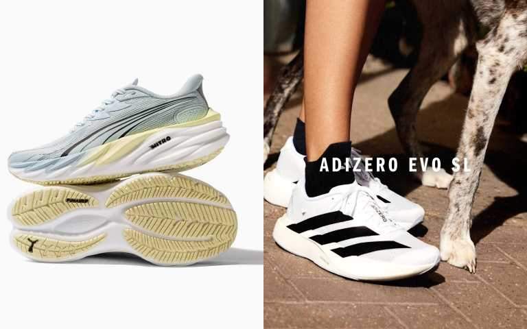 (右)Adidas ADIZERO EVO SL跑鞋/4,890元。(左)兼顧速度與造型，與擁有輕盈腳感和舒適緩衝的PUMA Velocity NITRO™ 4 AP慢跑鞋/3,680元。（圖／業者提供）