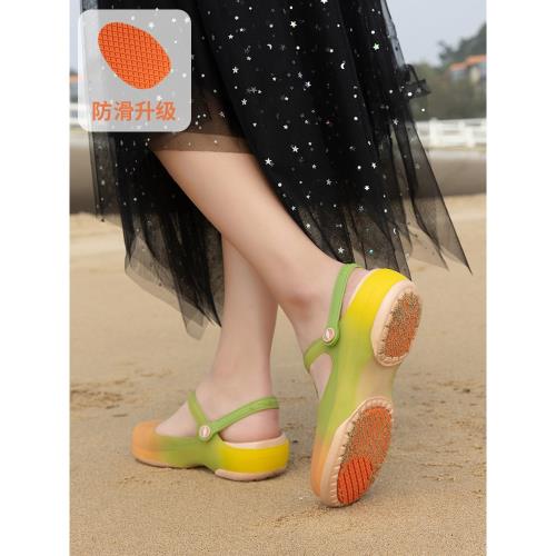 包頭拖鞋女防滑厚底高端網紅外穿護士涼鞋海邊沙灘果凍鞋洞洞鞋夏