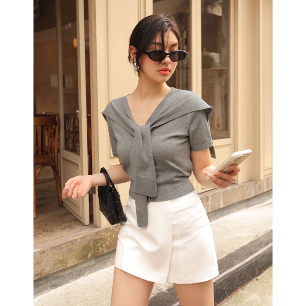 CHIC A SPACE 學院風綁結針織上衣(白/灰) 女裝 現貨