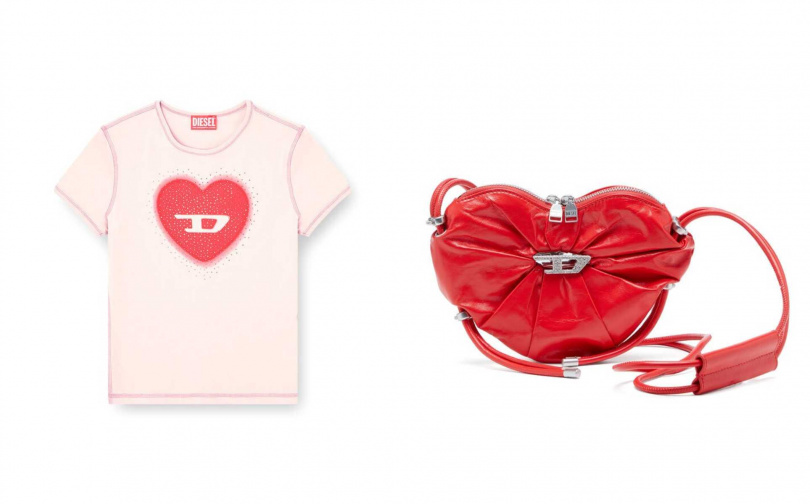 DIESEL OVAL D愛心鋪鑽短袖上衣／5,680元，亮面皮革愛心肩背包／19,800元（圖／品牌提供）