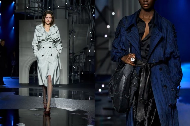 女裝的部分更是讓我著迷，風衣被當成配件般披在緞面洋裝外，那種寬鬆餘裕很倫敦。不是刻意營造，而是彷彿臨出門前隨手抓起心愛的大衣。新剪裁鬆而不垮，慵懶卻精準。