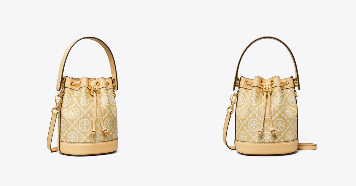 12.Tory Burch T Monogram 緹花拉菲草迷你水桶包，NT$21,900