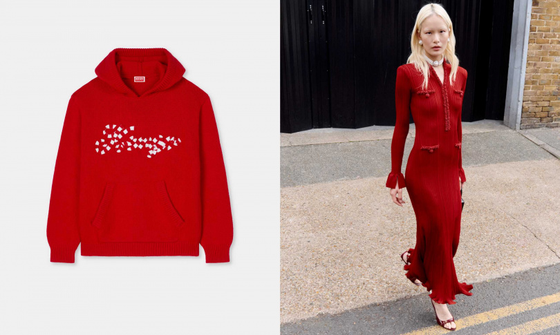 KENZO WINTER 限定紅色針織連帽上衣，self-portrait Red Pearl Trim Knit Midi Dress（圖／品牌提供）