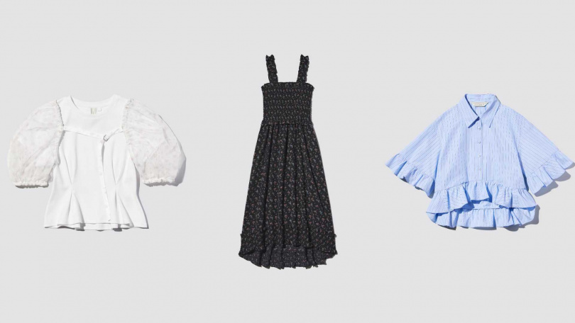 推薦單品：女裝短版罩衫T恤／990元，褶飾細肩帶連身裙／1790元，女裝設計5分袖襯衫／1190元（圖／品牌提供）