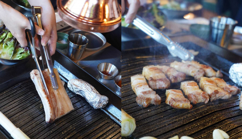 「熟成帶骨豬五花」整塊霸氣上桌烤再剪成小塊，吃的時候表層略帶焦脆感，可搭配生菜一起品嘗。（圖／魏妤靜攝）