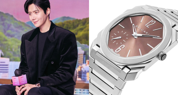 金宣虎當初在出席Netflix劇集《愛情怎麼翻譯》記者會時，以全黑西裝的造型現身，整體散發出低調卻不失質感的成熟魅力。但最搶眼的，莫過於在他手腕上的Bvlgari「Octo Finissimo」。這抹柔和、光亮的的鮭魚粉面盤，在全黑造型的襯托下顯得格外跳脫，又不失優雅，彷彿給嚴肅的黑色系穿搭注入了一絲調皮與靈動感。