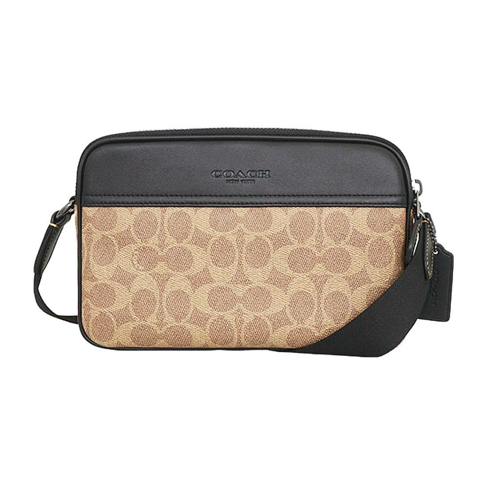 COACH 經典LOGO時尚緹花皮革雙層斜背包 黑x棕色 CV921 QBNRX