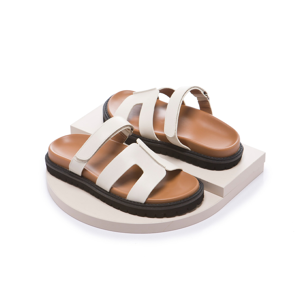 【新品】小時光 工字設計皮革厚底涼拖鞋 奶油 (2B3030)