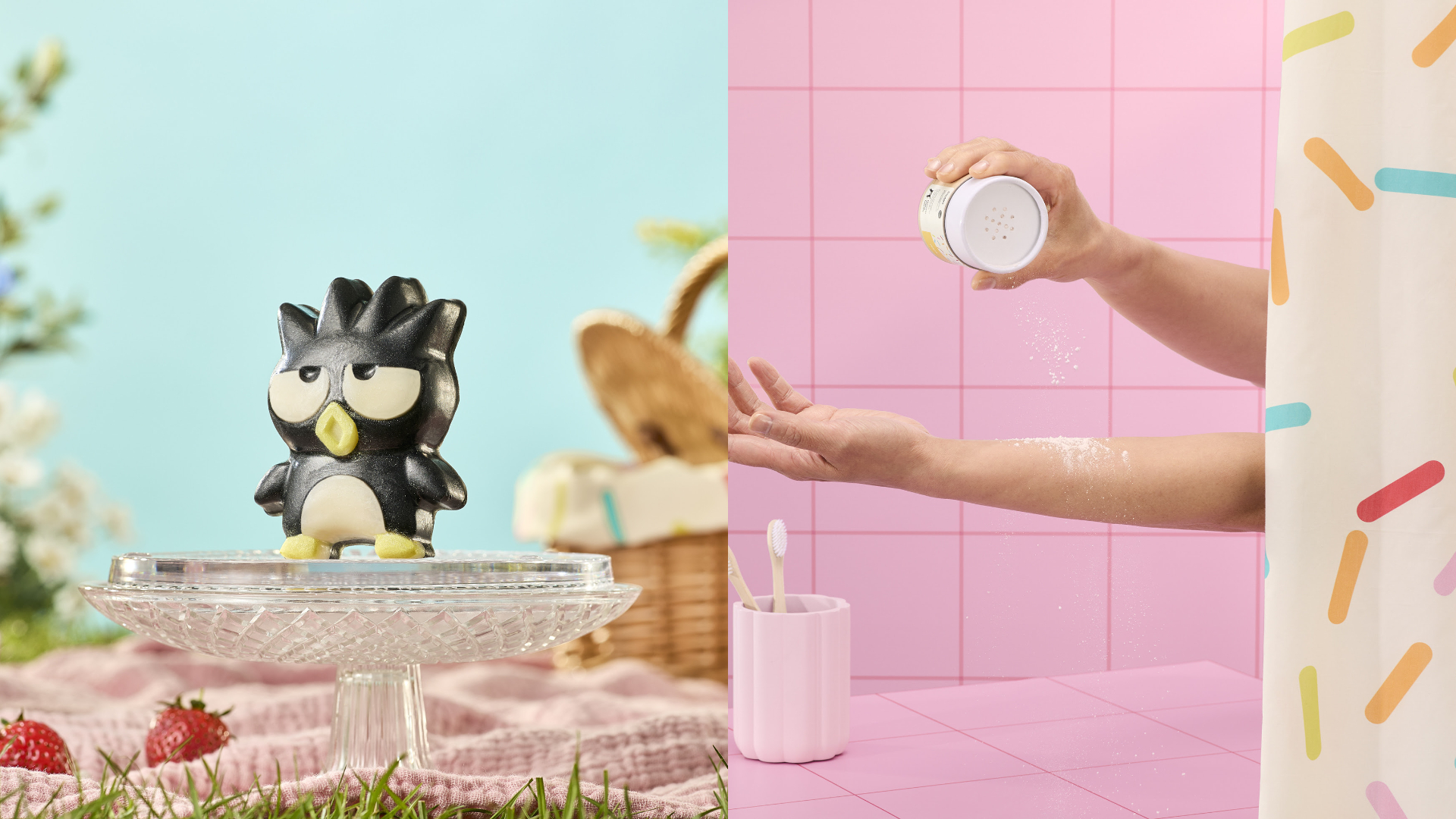 LUSH×Sanrio Characters酷企鵝香氛皂420元；帕恰狗爽身粉650元。圖片：品牌提供
