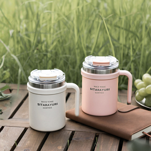 APEX｜ ins輕奢不銹鋼手柄馬克杯 500ML (304不銹鋼馬克杯 雙飲口吸管保溫杯 不鏽鋼咖啡杯 )