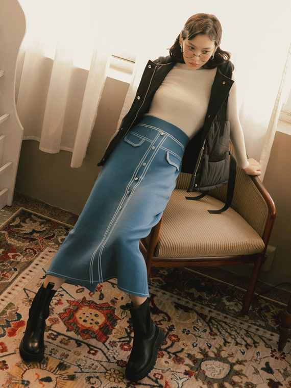 QQ毛衣．撞色線條造型口袋排釦針織長裙