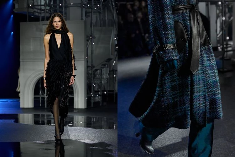 外套邊緣保留原切羊毛、格紋重新拼接，領口飾以褶皺羅緞，細節低調也更耐看。光滑羊皮在燈光下泛起虹彩光澤，像夜路上被汽油映射的光。證實了性感，是出自一種不張揚的美。