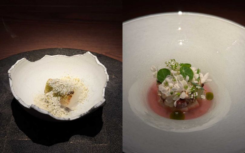 茭白筍  |  奶油・自製七味；白魽  |  紫蘇・梅・小黃瓜・花。