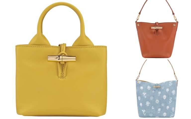 LONGCHAMP LE ROSEAU系列 水桶包XS (薑黃色)/26,900元；LONGCHAMP LE ROSEAU系列 水桶包XS (樹皮色)/26,900元；LONGCHAMP LE ROSEAU 系列 手提包 (藍色)/25,800元
