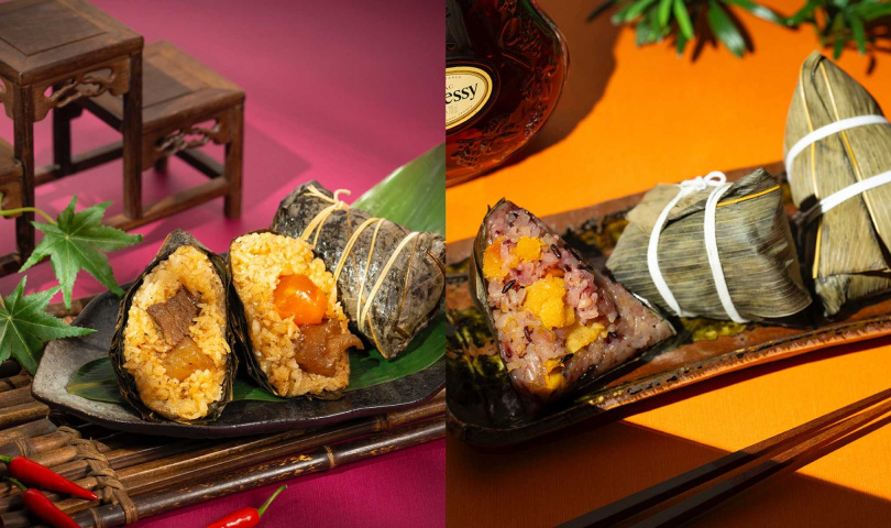 「麻辣雙寶牛肉粽」（左，310元／顆）嚴選美國牛肋條與澳洲牛筋，「軒尼詩X.O地瓜粽」融合軒尼詩X.O與雲林水林台農57號黃金地瓜，酒香馥郁、甘甜綿密。（188元／顆，圖／台北遠東香格里拉提供）
