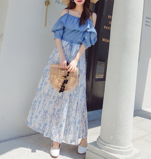 FINDSENSE H1 2018 夏季 新款 甜美清新 學院風 牛仔拼接 一字肩 碎花假兩件連衣裙 休閒潮流 女裙子