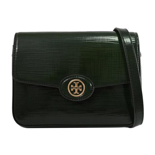 TORY BURCH 154731 質感十字壓紋漆皮翻蓋肩斜包.深綠