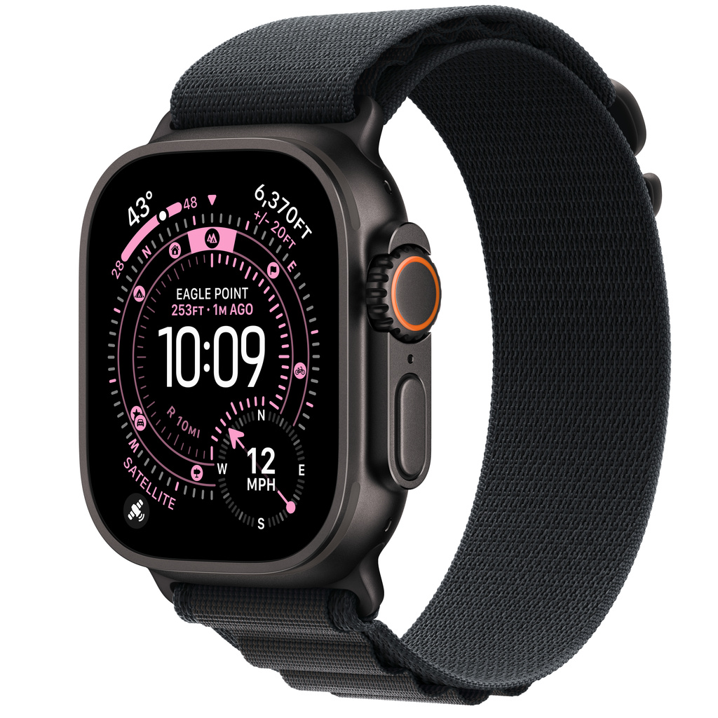 Apple Watch Ultra 3 (GPS + 行動網路)；49 公釐黑色鈦金屬錶殼；黑色高山錶環 - M