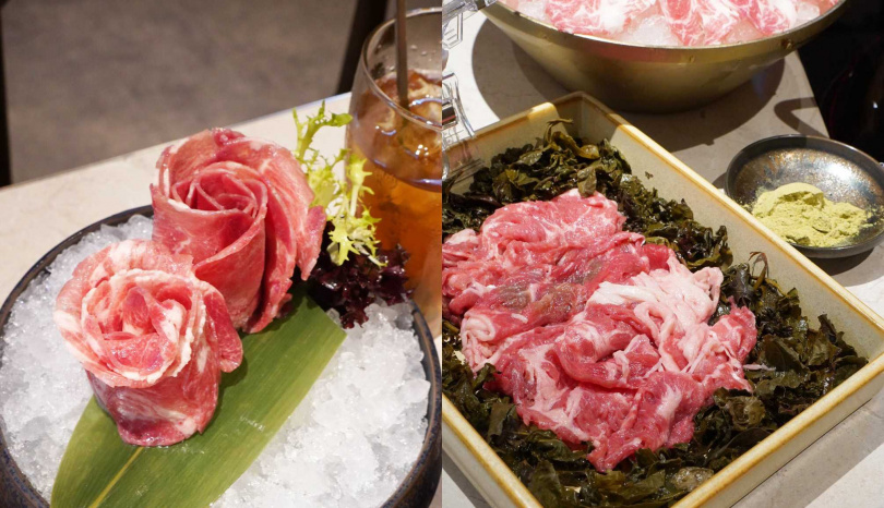 品牌主推的「匠心十味」系列包括「紐西蘭玫瑰牛舌」（左，398元），以及用茶油醃製、涮煮後還可搭配擂茶粉的「茶香醃肉」。（228元，圖／魏妤靜攝）