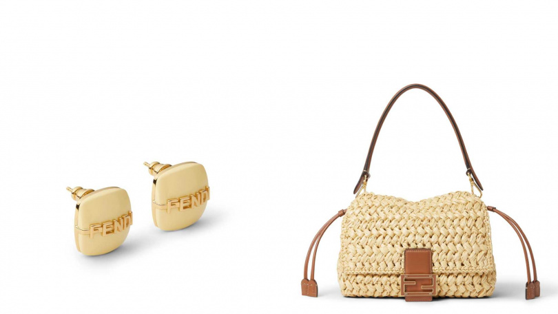 Fendigraphy耳環／14,200元，Mamma Baguette拉菲草編織包款／140,000元，（圖／品牌提供）