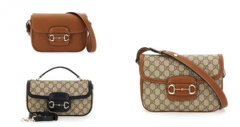 (左上) Gucci Soft Horsebit 1955 迷你斜背包／106,400元，(左下) Gucci Soft Horsebit 1955 手提包／94,500元，(右)Gucci Soft Horsebit 1955小號斜背包／106,400元（圖／品牌提供）