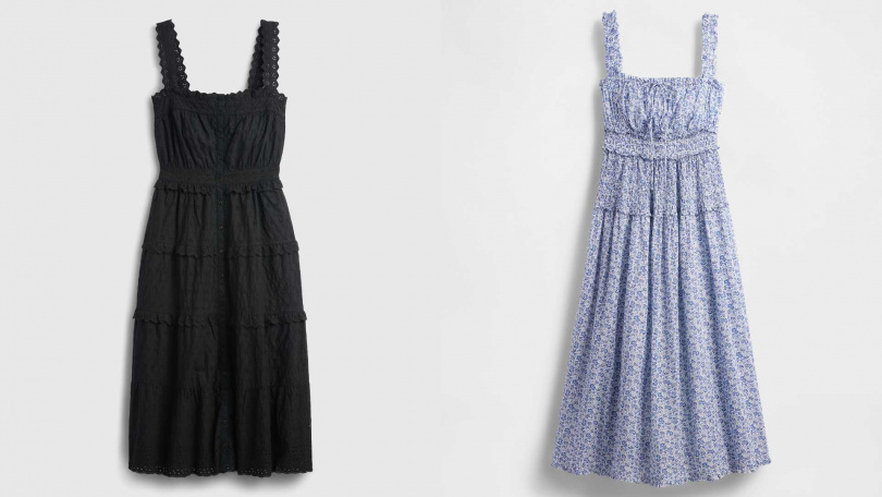 DOEN 聯名孔眼裝飾洋裝／6999元，DOEN 聯名花朵露肩洋裝／4499元（圖／品牌提供）