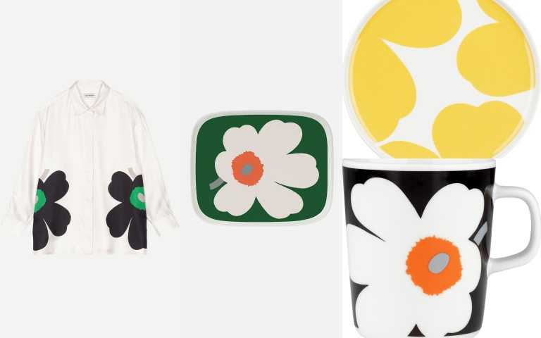 Marimekko Unikko 白色大型印花絲質襯衫 15,900元；Marimekko Unikko 綠色大型印花方盤  990元；Marimekko Unikko 黃色印花餐盤1,190元；Marimekko Unikko 黑色大型印花馬克杯 990元。（圖／品牌提供）