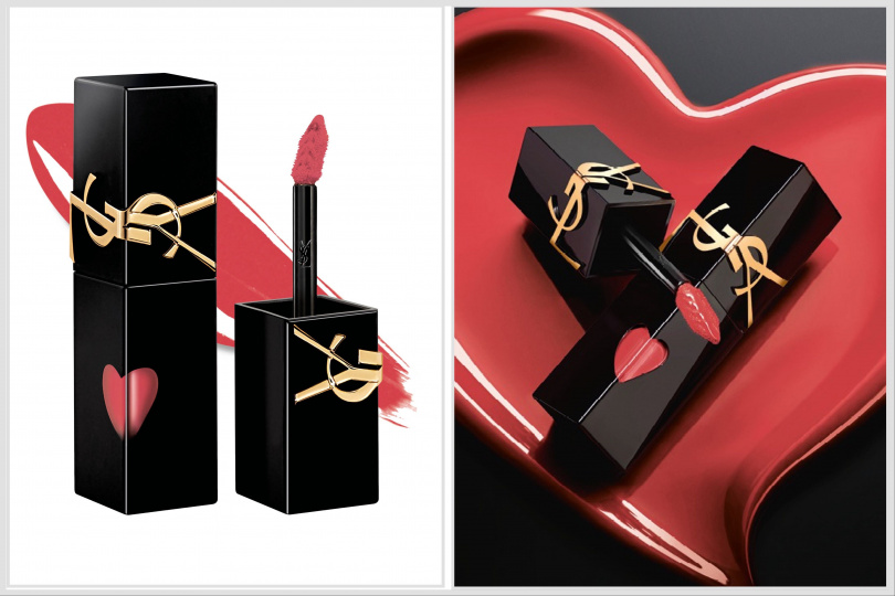 YSL「奢華印記鎖心光唇釉」主打#445輕粉呼喊(圖/品牌提供）