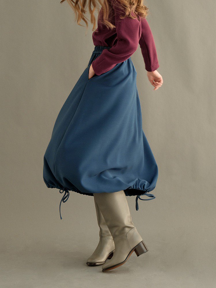 ECRU SOLI素白已然復古設計感抽繩孔雀藍氣球裙