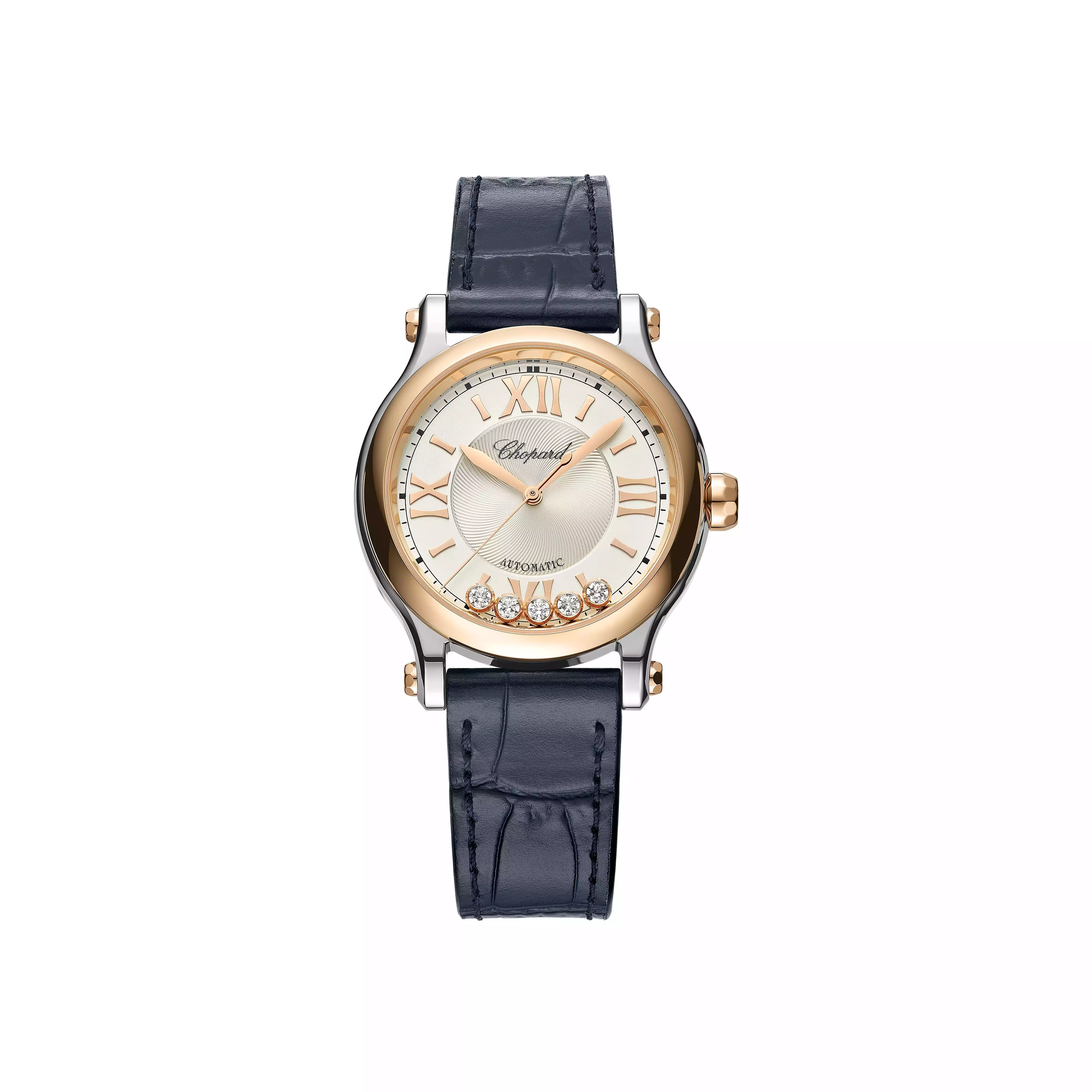 Chopard Happy Sport 最具代表性的設計，是錶盤內可自由滑動的鑽石。這些鑽石在兩片藍寶石水晶之間移動，隨著手腕晃動而變化排列，使時間看起來不再靜止，而是帶有流動感。33毫米錶徑搭配自動上鍊機芯，兼顧機械工藝與女性設計。玫瑰金與精鋼材質的搭配，使整體在日常與精緻之間取得平衡。這款錶適合個性較為活潑、喜歡細節變化的女性，它不只是視覺上的亮點，也能帶來情緒上的輕快感。
