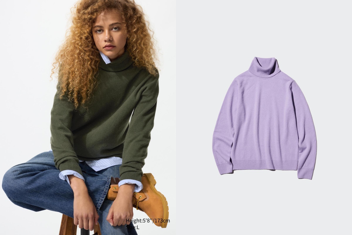 喀什米爾羊毛輕盈、舒適的特性，讓該面料成為旭多精緻針織品的首選！這件高領毛衣 Uniqlo 運用其面料打造，在版型上以合身不緊身為軸心，讓一件毛衣兼在柔軟與舒適的好觸感下，同時保有時髦的造型