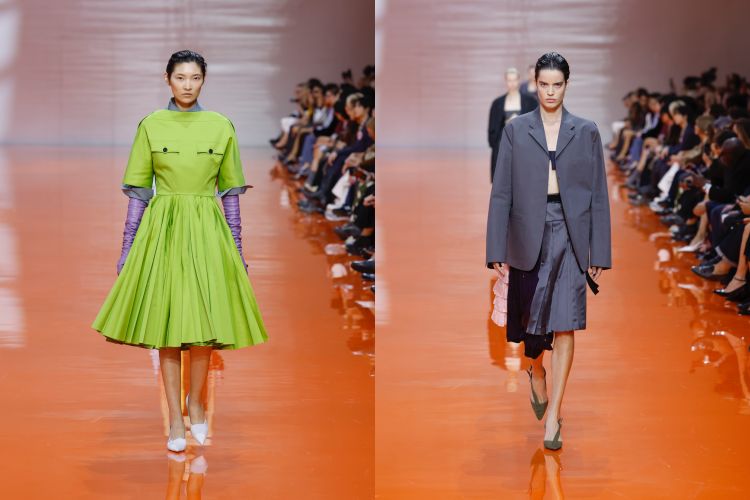 繽紛短袖洋裝則透過千褶傘狀裙襬與撞色襯衫的組合，製造突兀卻出奇和諧的層次感。