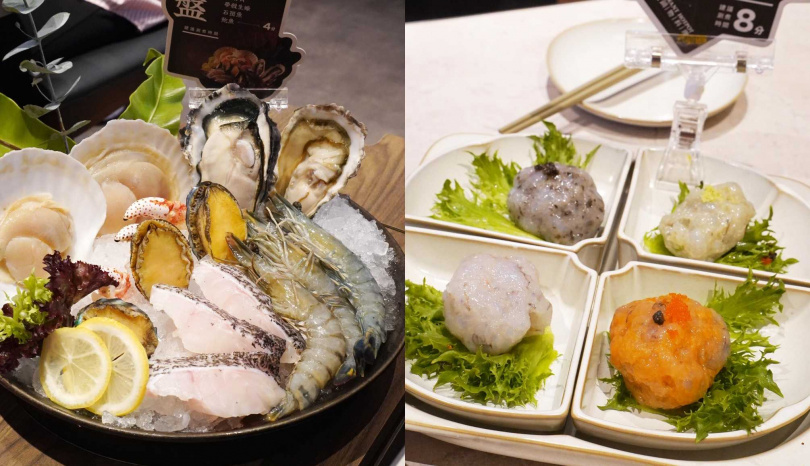 以南美白蝦手工摔製的「手打蝦丸拼盤」包括山葵蝦丸、爆漿起司蝦丸、松露蝦丸、魚子蝦丸（右，258元），左為「綜合海鮮拼盤」。（888元，圖／魏妤靜攝）