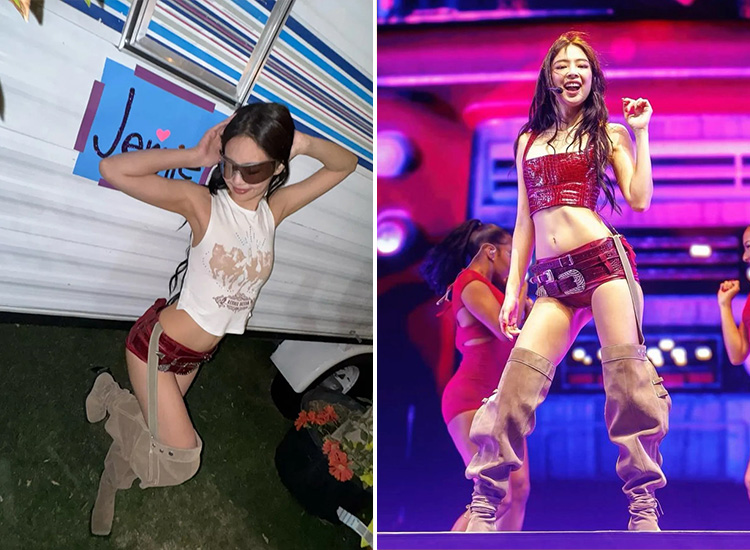 Jennie以紅色短版套裝搭配高筒鬆垮靴登場，完美融合西部風與Y2K復古時尚，展現鬆弛率性與性感叛逆的造型魅力。