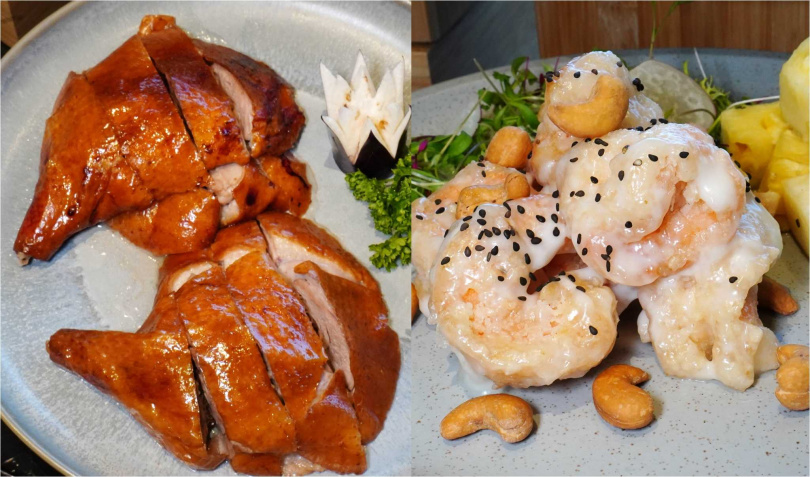 「明爐烤鴨腿」（左）飽滿多汁，8選2的熱炒料理最受歡迎的是酸甜彈牙的「鳳梨鮮蝦球」。（圖／魏妤靜攝）