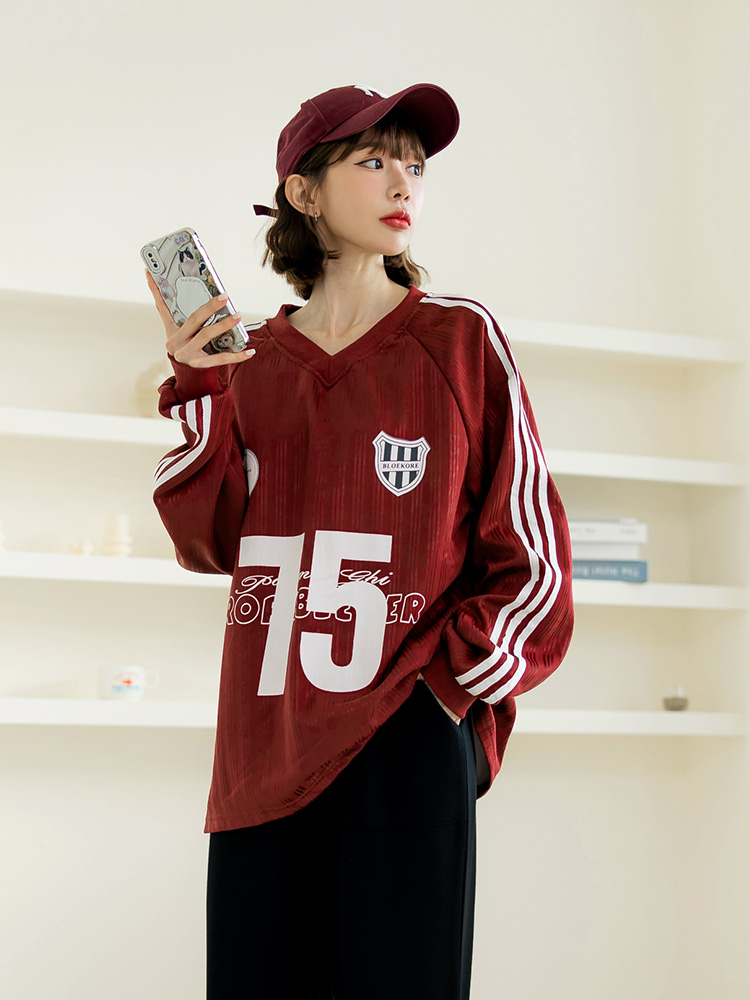 美式復古運動風長版長袖上衣